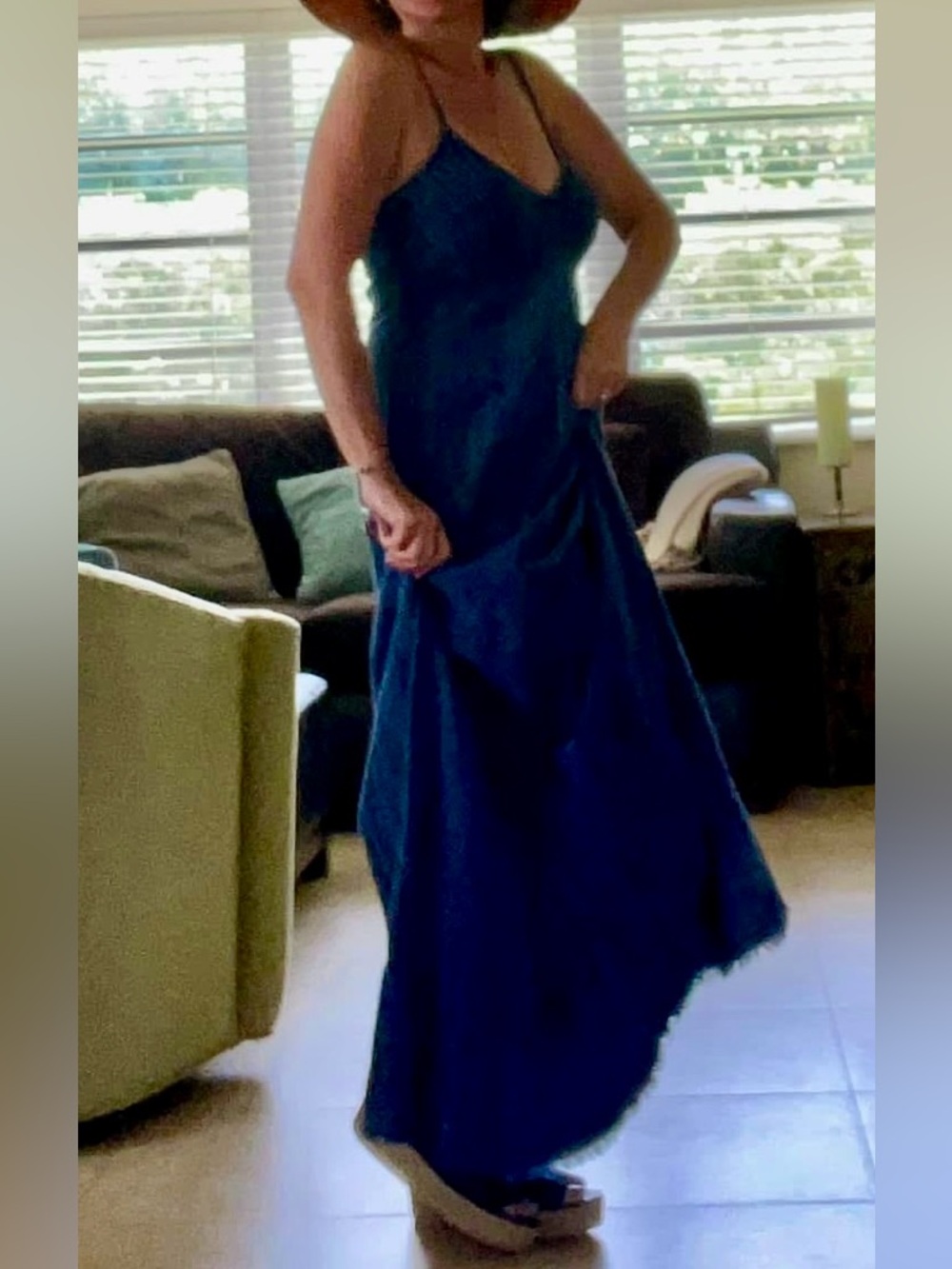 Blue Denim Maxi Dress with Embroidered Hem
